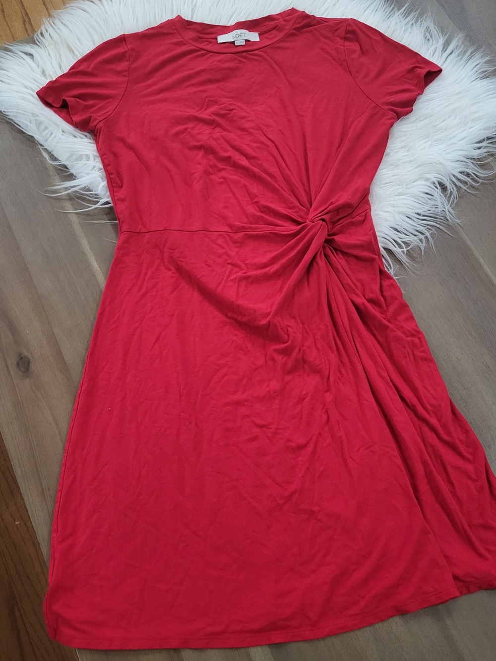 LOFT Red Short-Sleeve Knot-Waist Dress Stretchy Size S Loungewear A Line Crew N.